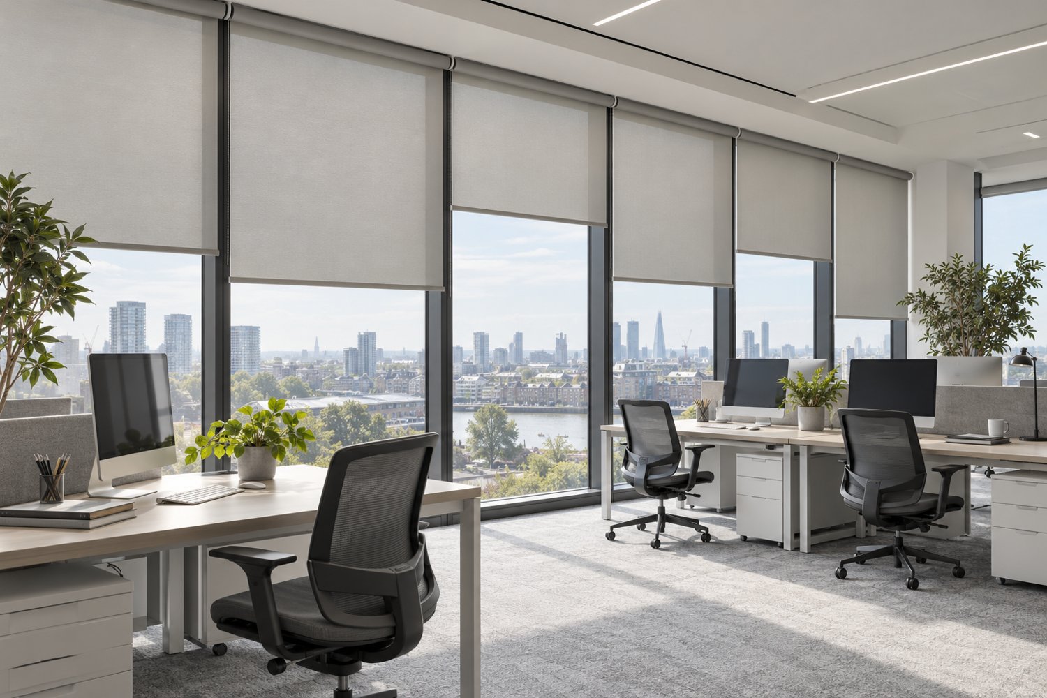 Office space with fabric roller blinds