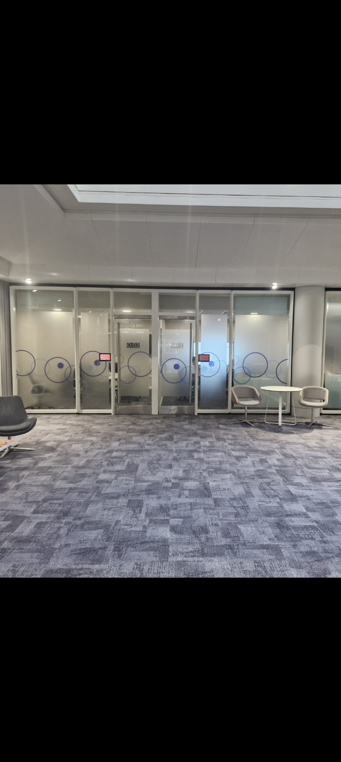 Decorative circular manifestation across an office partition