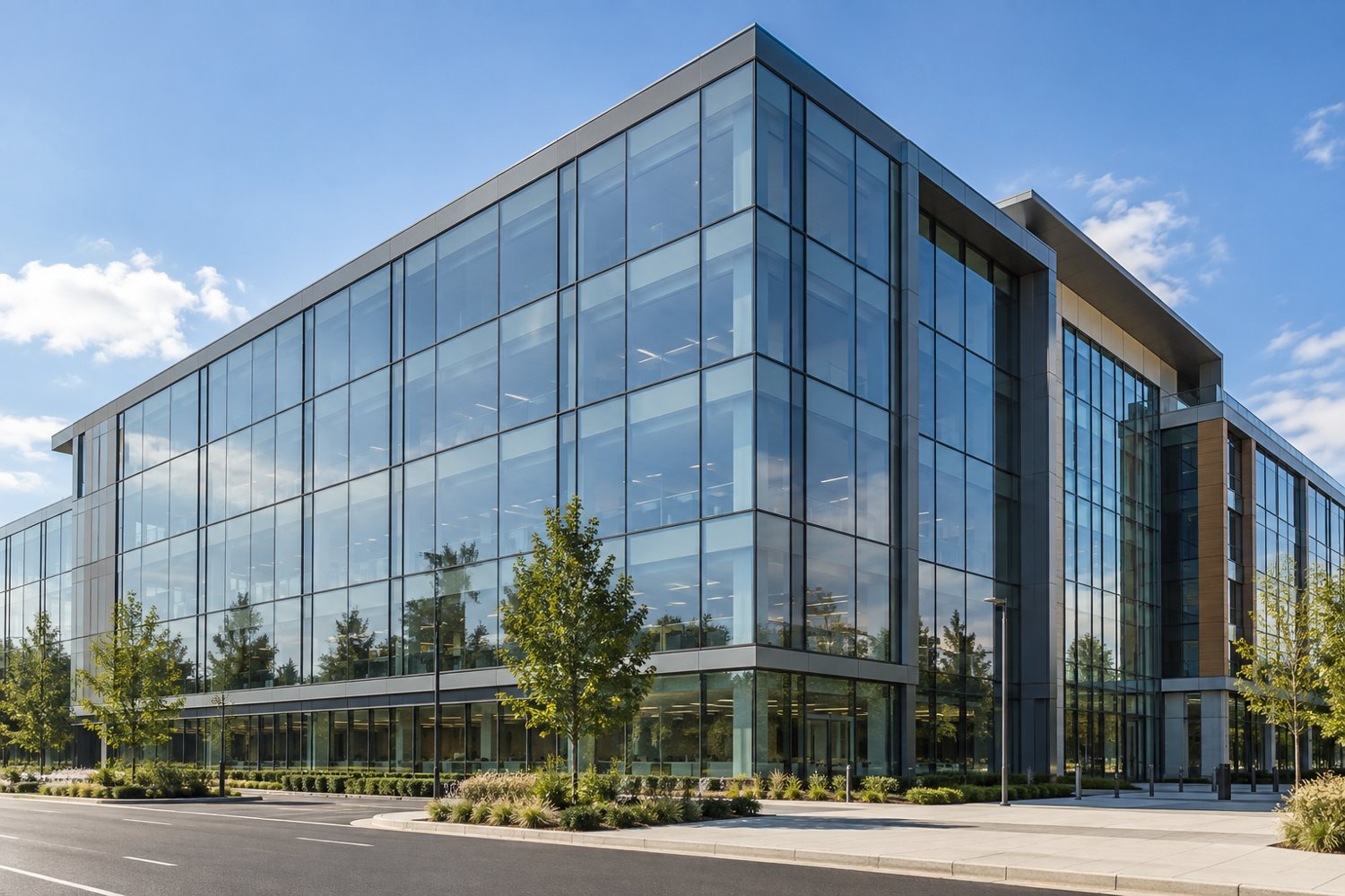Large glass office building illustrating solar glare film
